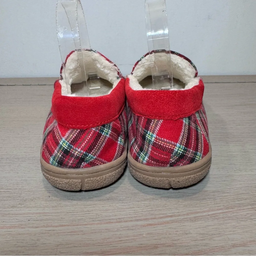 Lands‎ End Men’s Red Plaid Flannel Faux Shearling Lined Moccasin Slippers Size 8